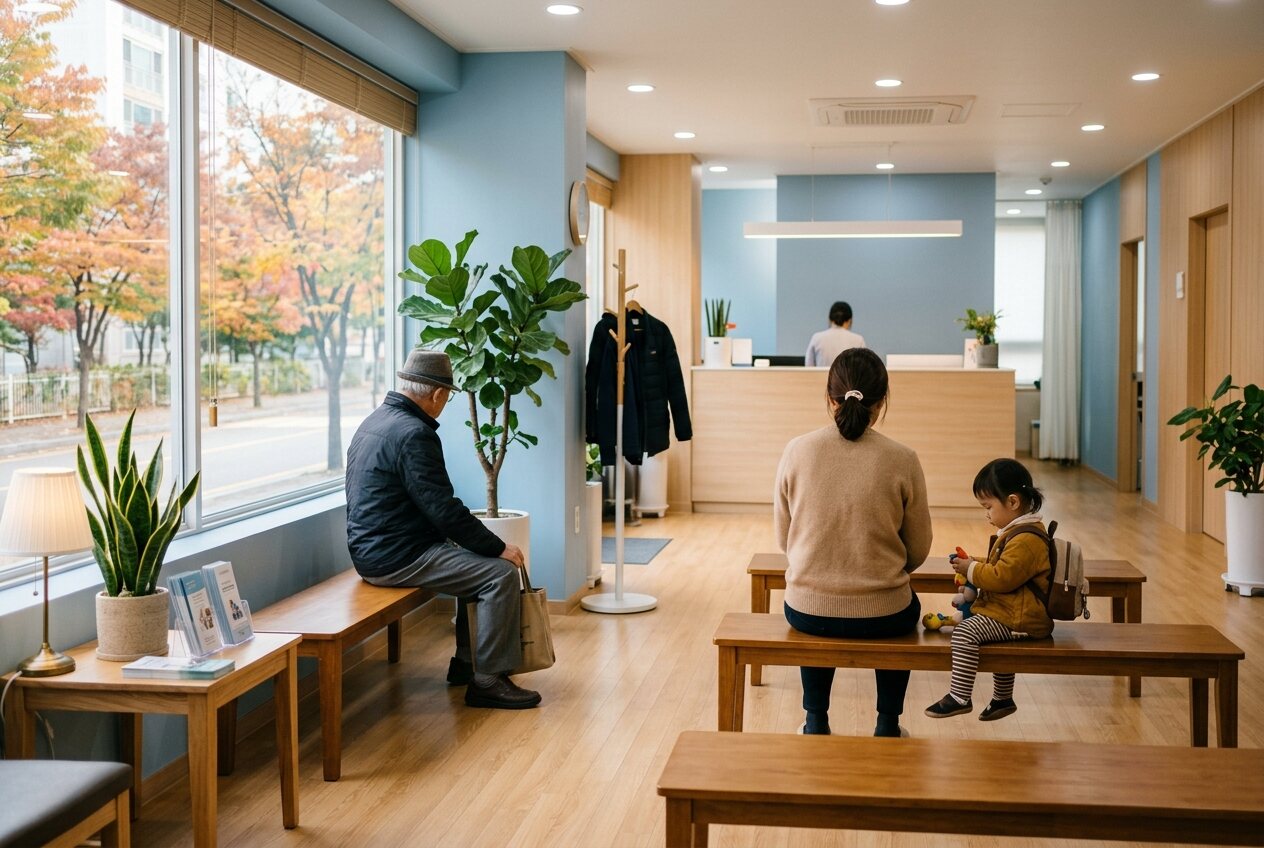 가을 햇살이 드는 동네 의원 대기실에서 어르신과 아이를 데려온 부모가 기다리는 모습