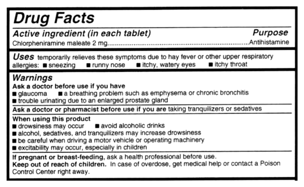 Drug Facts 제목 아래 Active ingredient와 Purpose, Uses, Warnings 칸이 차례로 나오는 미국 일반약 라벨 예시