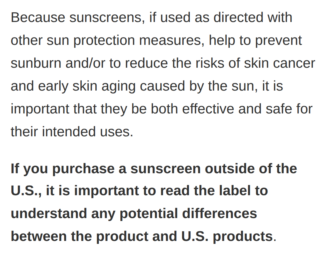 미국 FDA 선크림 안내 'What about sunscreens from other countries?' 항목의 끝부분. 미국 밖에서 산 선크림은 라벨을 읽고 미국 제품과 다른 점을 확인하라는 굵은 글씨 문단