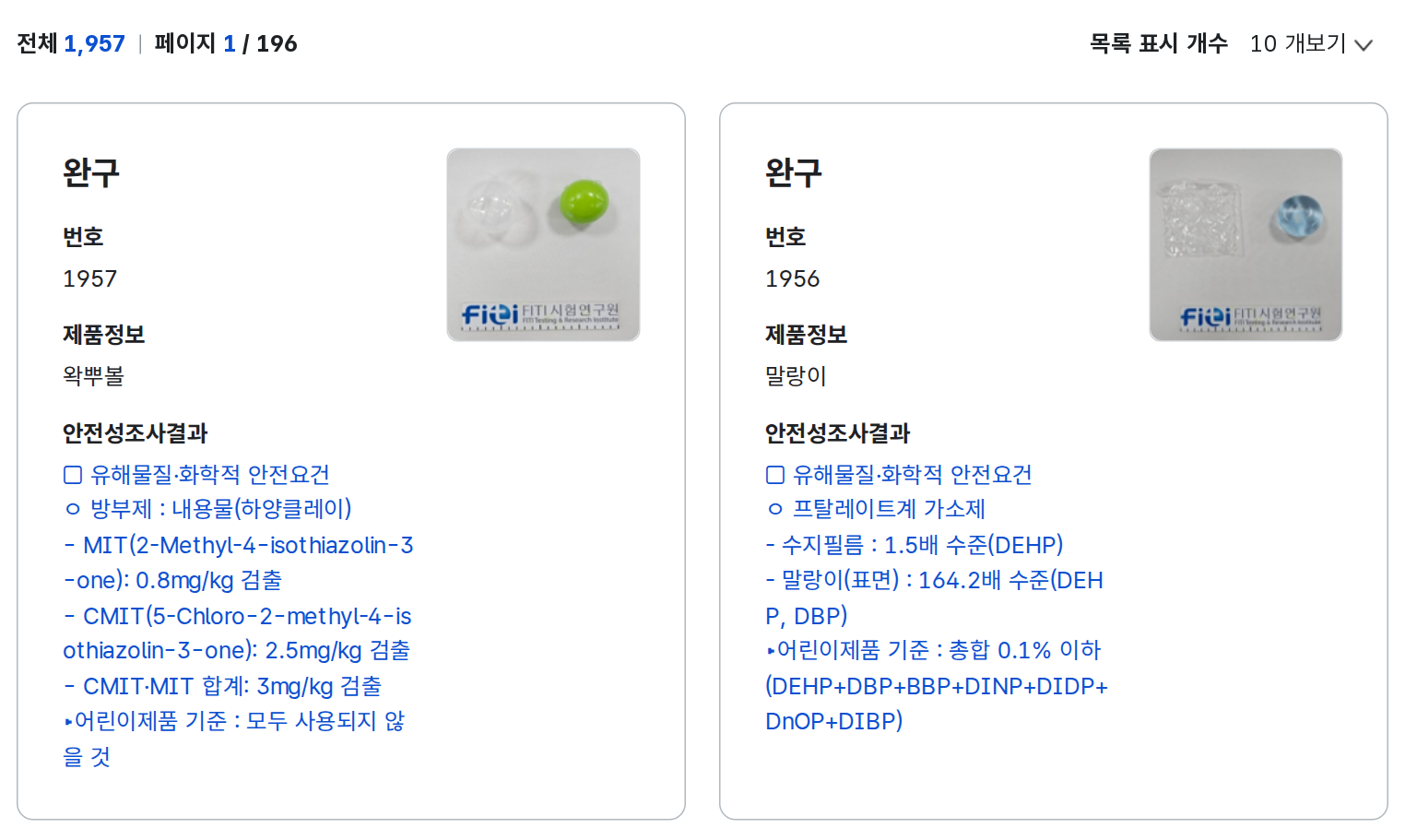 소비자24 해외직구 위해물품 목록 화면. 전체 1,957건 가운데 완구 2건(왁뿌볼, 말랑이)의 안전성 조사 결과가 보임