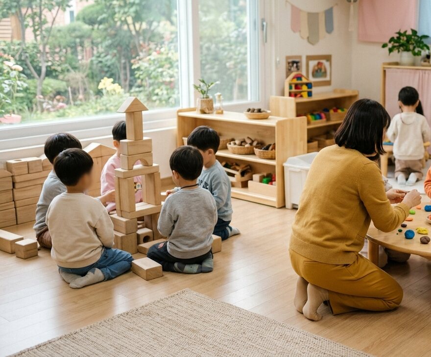 밝은 유치원 교실에서 아이들이 블록과 점토로 노는 모습