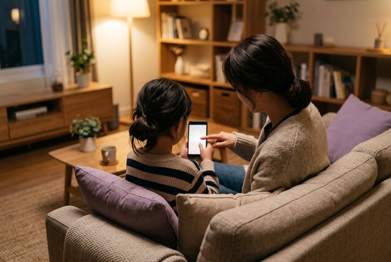 저녁 거실 소파에서 부모와 아이가 함께 스마트폰 화면을 보며 설정하는 모습